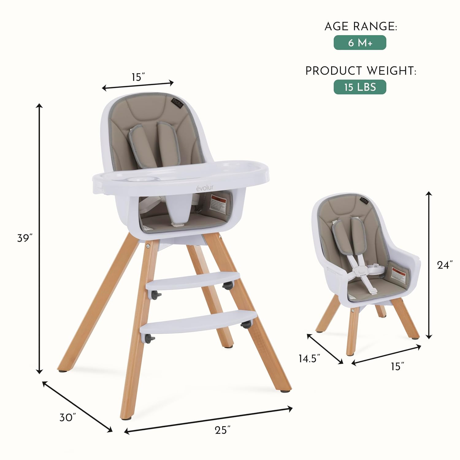 Diagram showing dimensions of the Evolur Zoodle high chair and its convertible toddler seat.