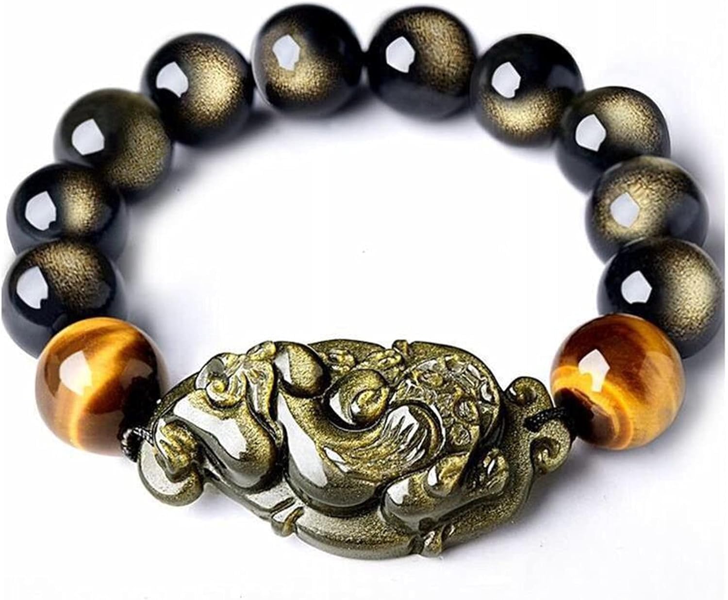 Nzpost Black_16mm Black Obsidian Bracelet,Piyao Tiger Eye Buddha Beaded Bracelets Natural Golden Obsidian Black Obsi
