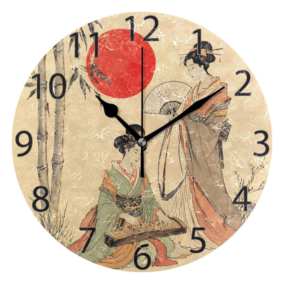 ALAZA - Orologio da parete rotondo con geisha giapponese, silenzioso, senza ticchettio, per casa, ufficio, scuola, orologio decorativo