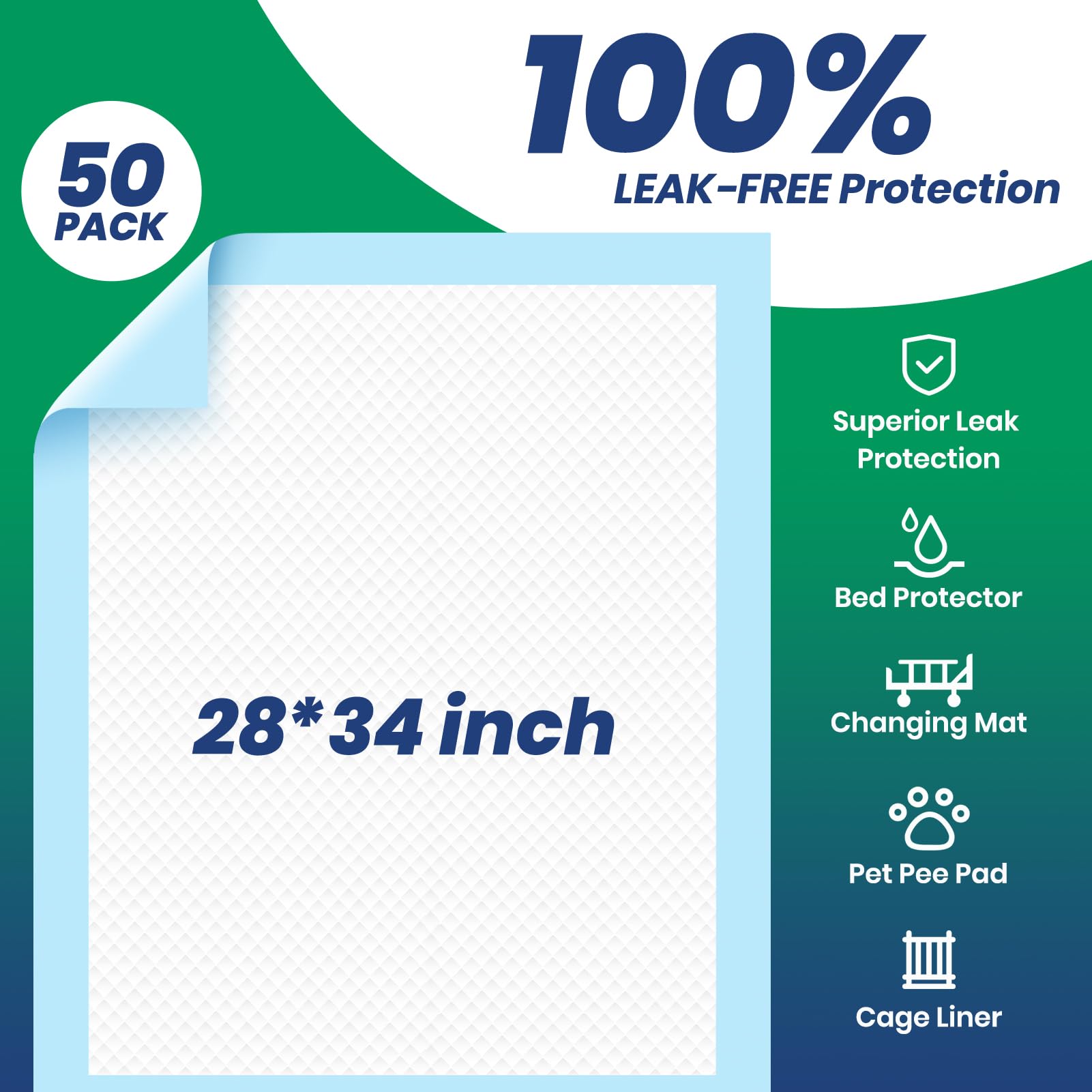 Chucks Pads desechables [paquete de 50] Almohadillas para incontinencia de 28 x 34 pulgadas, almohadillas protectoras de polímero absorbente, almohadillas protectoras para orina para niños, adultos y