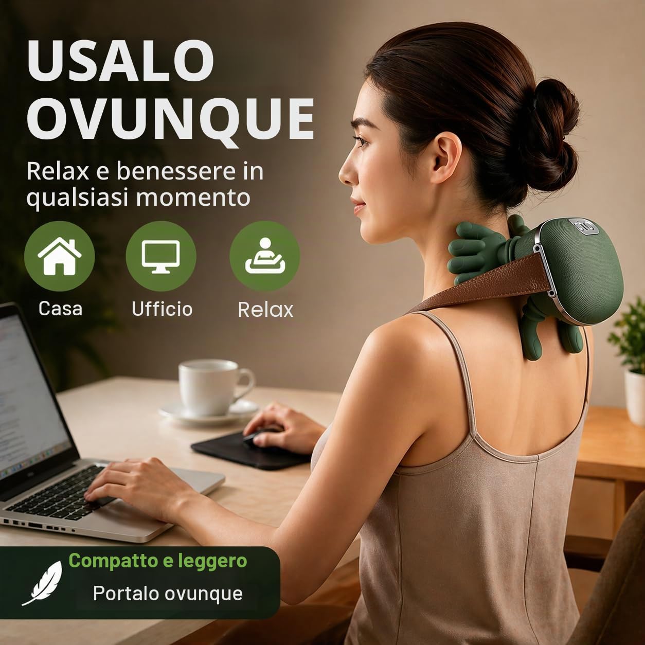 Massaggiatore Cervicale e per Spalle Elettrico – Massaggio Shiatsu Profondo con Calore, 3 Intensità e 2 Livelli di Riscaldamento – Senza Fili Ricaricabile 2000 mAh – Per Collo, Schiena, Spalle e Gambe