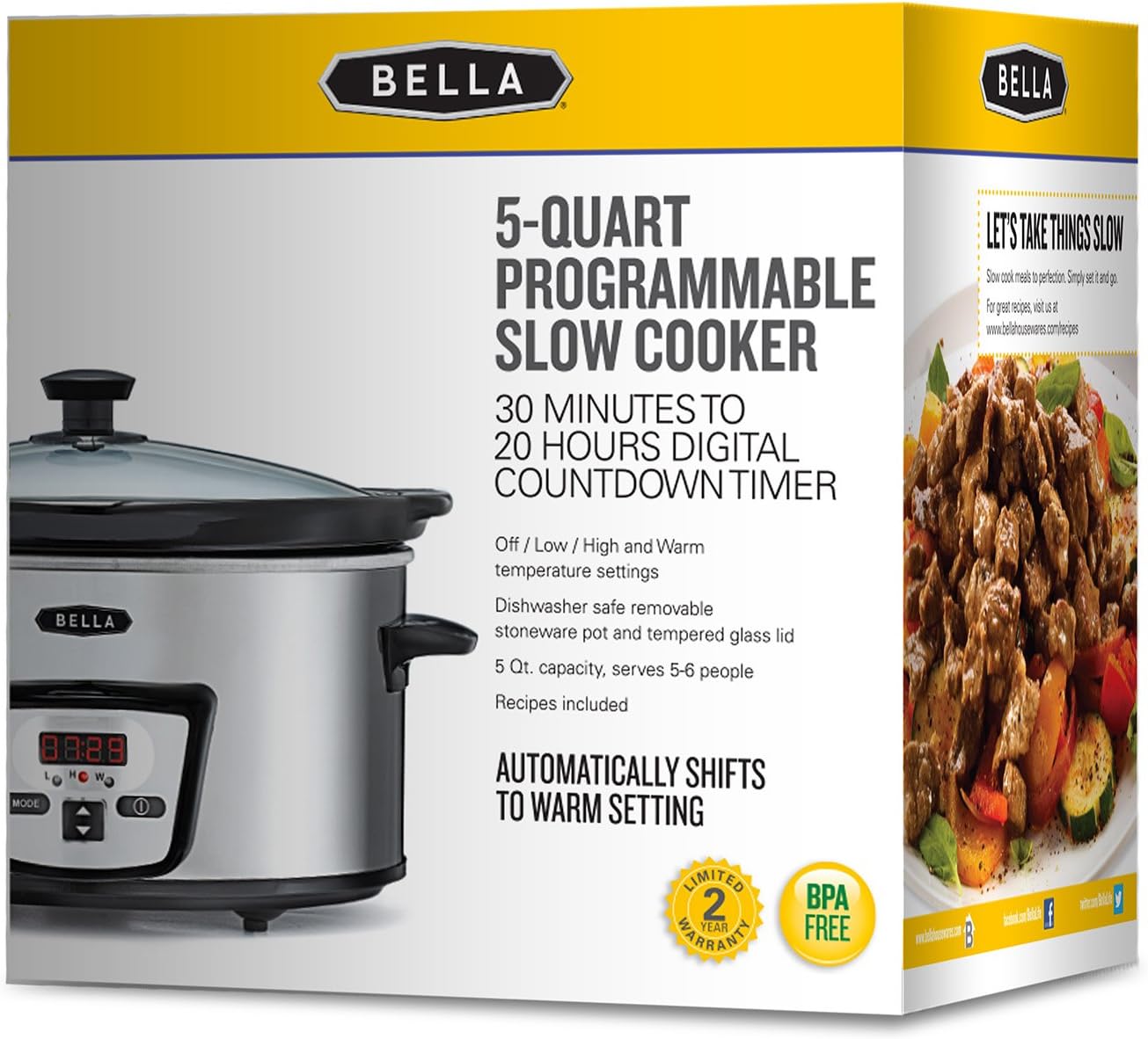 BELLA (13973) 5 Quart Programmable Slow Cooker with Timer, Polished Stainless Steel