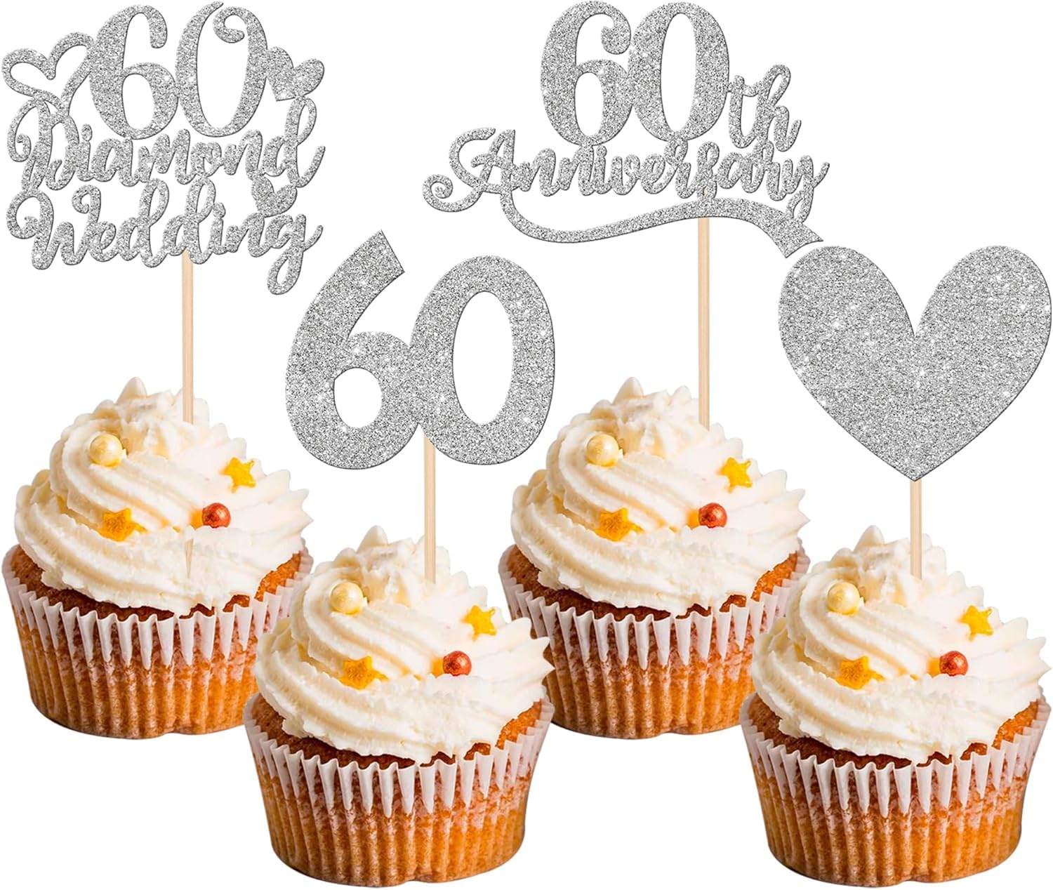 24 Stück 60th Diamond Wedding Tortendeko 60th Anniversary Cupcake Toppers Glitzer Herz 60 Kuchen Deko für Gruß auf 60 Jahre Gesegnete und Geliebte Hochzeit Jahrestag Party Kuchen Dekorationen Silber