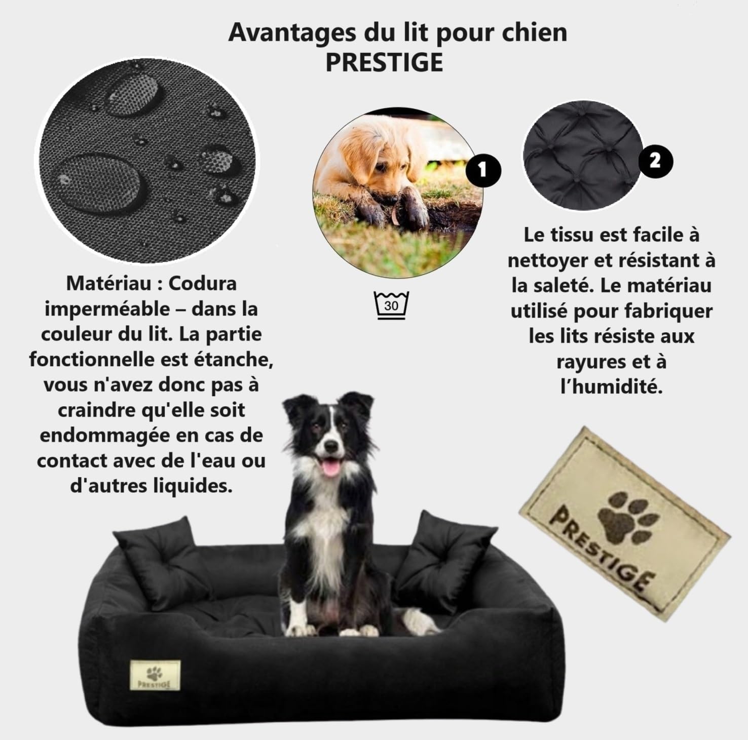 KING DOG Couchage Très Grand Chien XXL 130 x 105 cm Coussin Étanche Panier Lavable Confortable Moelleux Ultra Doux Fabriqué en Europe Noir