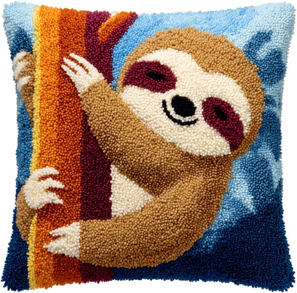 AMBATTERY Latch Hook Pillow Kit for Adults with Printed Canvas Crochet Yarn Animal Sloth DIY Throw Pillow Cover Needle Craft Handmade Cushion for Home Sofa Decor 43x43cm