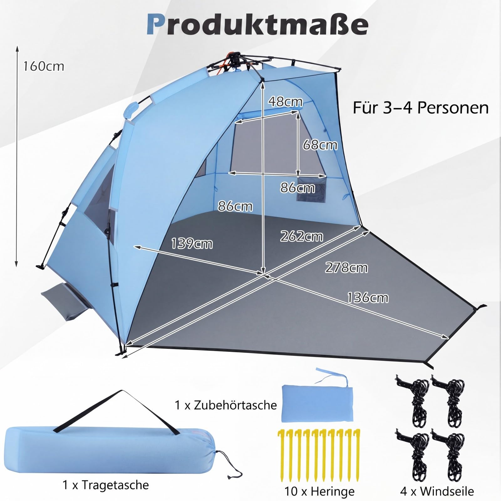 COSTWAY Namiot plażowy Pop Up dla 3-4 osób, namiot plażowy z torbą do przenoszenia, śledziami i 3 kieszeniami na piasek, ochrona przed promieniowaniem UV 50+, ochrona przed słońcem z drzwiami na zamek