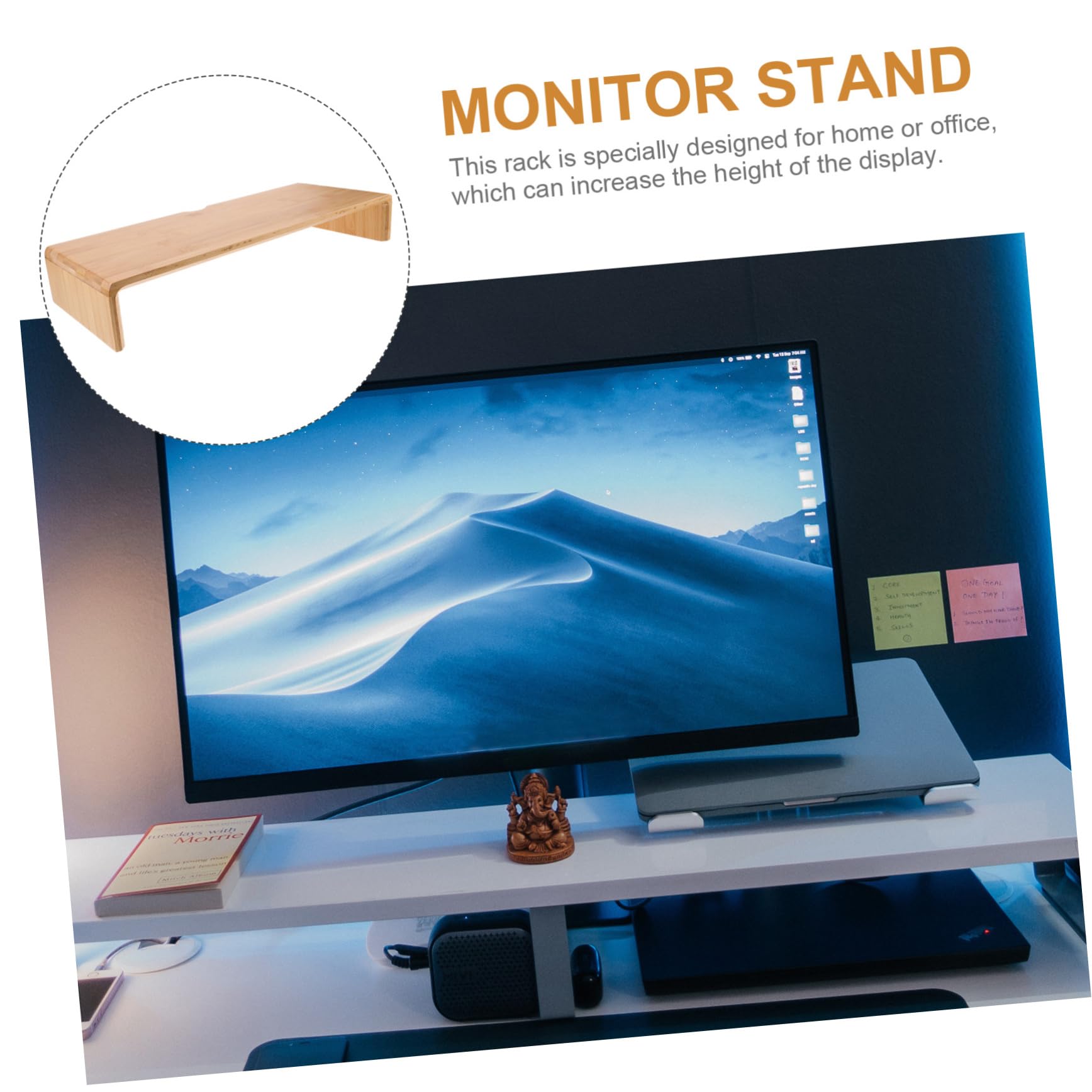Rialzo per Monitor da Scrivania in bambù Beige, Supporto Ergonomico Il Benessere Visivo e Postura Comoda, per Casa e Ufficio
