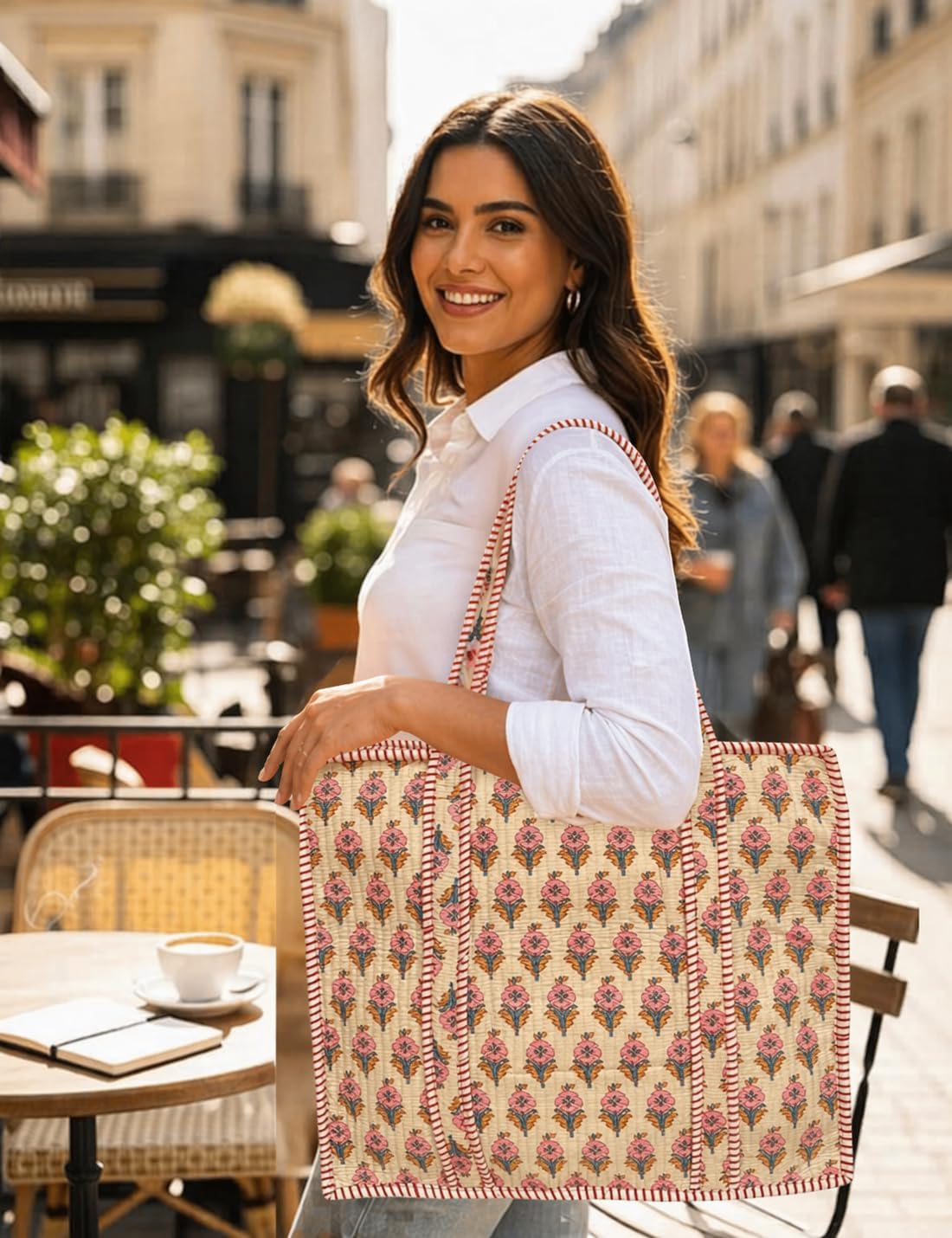 100% Cotton Quilted Tote Bag For Women 18x16– Large Zipper Reusable Beach Bag & Travel Bag Purse