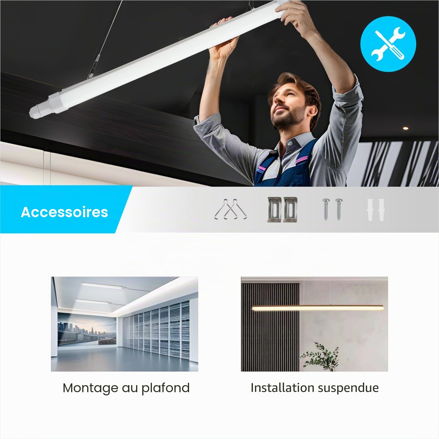 Reglette LED 120 cm 30W 3420LM 6500K Blanc Froid IP65 Étanche Lot de 2
