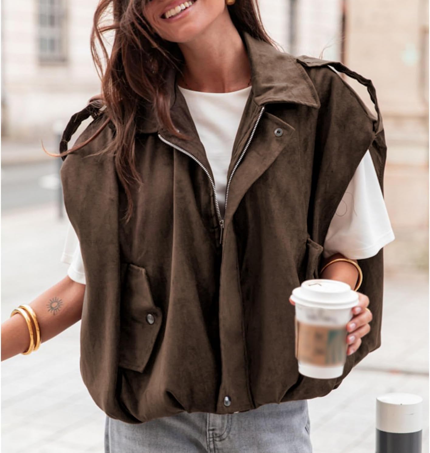 Womens Oversized Faux Suede Vest Cap Sleeve Vest Tops Casual Lapel Collar Coats 2026 Trendy Outfits(Coffee,S) - Image 4