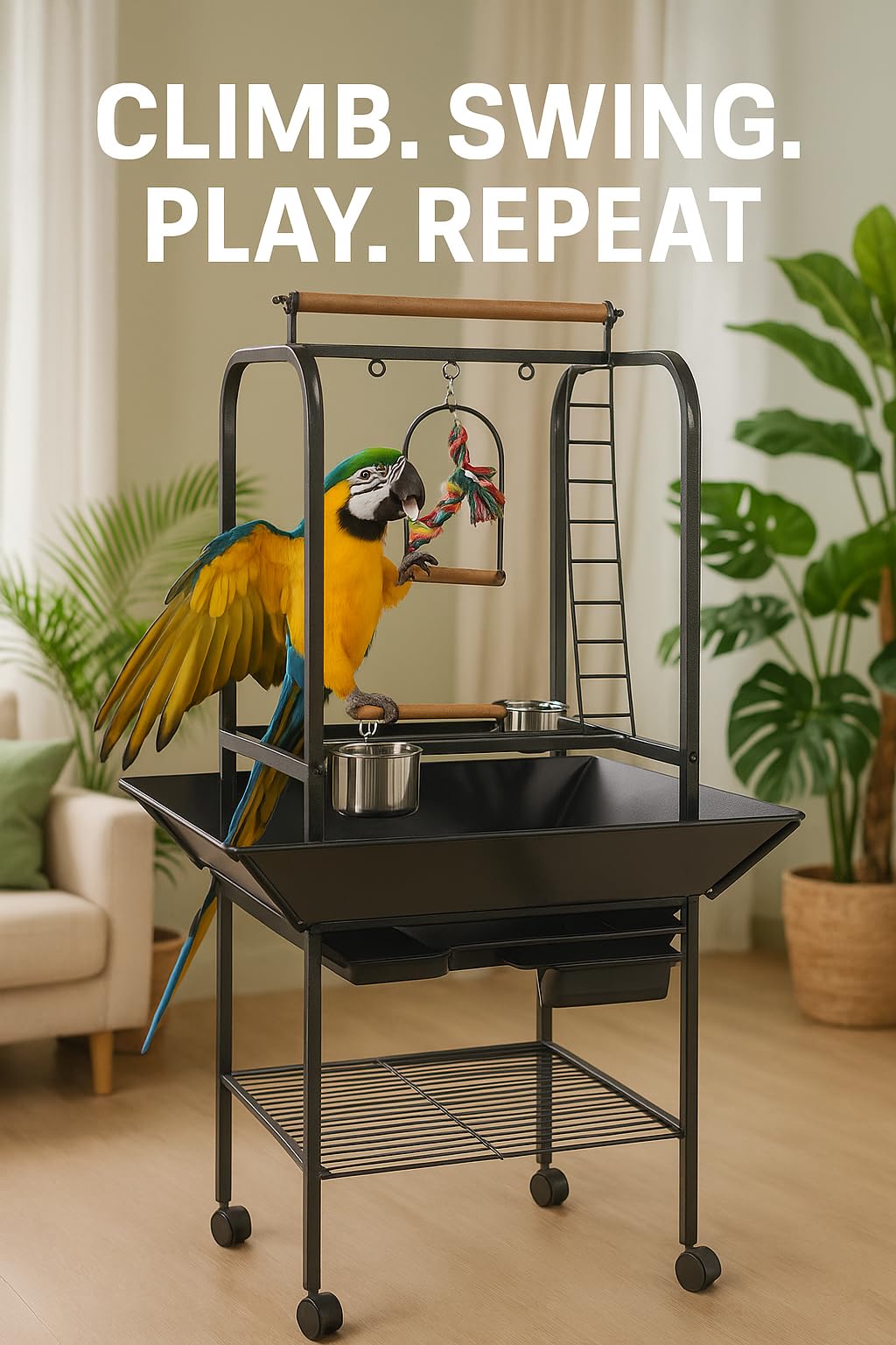 FLAMINGO Support de Jeu Wodan pour Oiseaux – Anthracite – 66x64x141 cm – avec Balançoire et Échelles