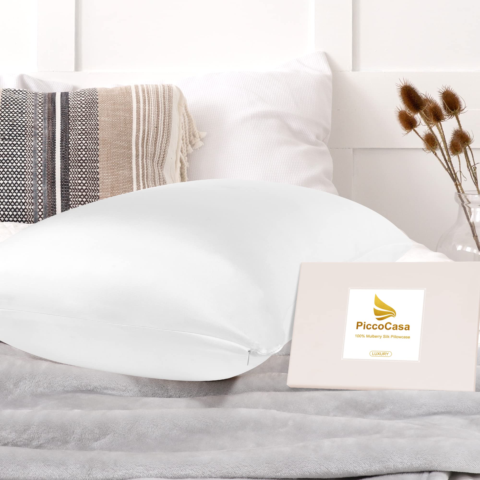PiccoCasa Funda de almohada de seda pura 100% natural para cabello y piel, ambos lados de 400 hilos, 19 momme de seda con cremallera oculta, 1 paquete, blanco hielo, tamaño Queen 50,8 x 76,2 cm