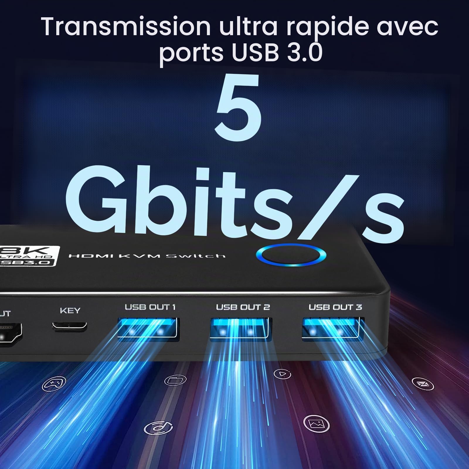 TCNEWCL 8K@60Hz Commutateur KVM HDMI USB 3.0 2 PC 1 moniteur 4K @ 120 Hz, 2 ports Commutateur KVM, prend en charge HDR, Dolby Audio, 3D, HDCP2.3, avec câble HDMI 2.1 et USB 3.0
