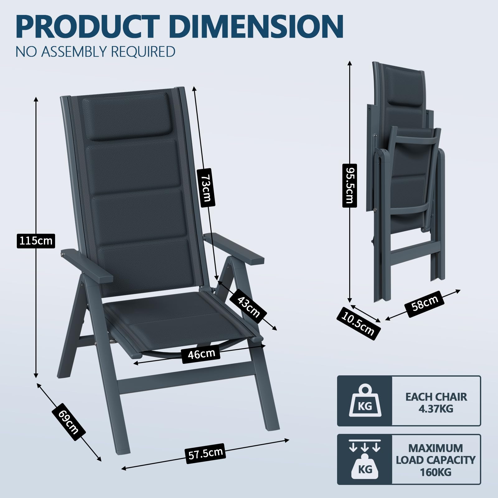 Devoko Juego de 2 Silla Plegable de jardín de Aluminio - Sillón de jardín Exterior Ajustable en 7 Posiciones, Silla portátil con Respaldo Alto Apta para Todas Las mesas de jardín, terraza y Piscina