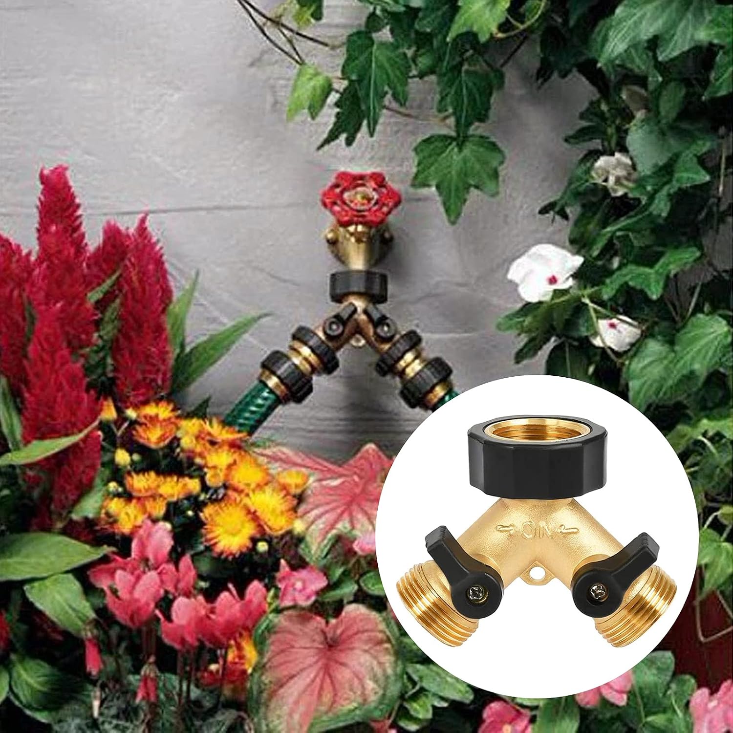3/4 Inch 2 Way Brass Tap Garden Hose Splitter Double Hose Connector Y Valve Garden Tap Splitter with Individual On/Off Valves and 3/4 Inch Quick Connector for Garden Irrigation Tool - Image 5