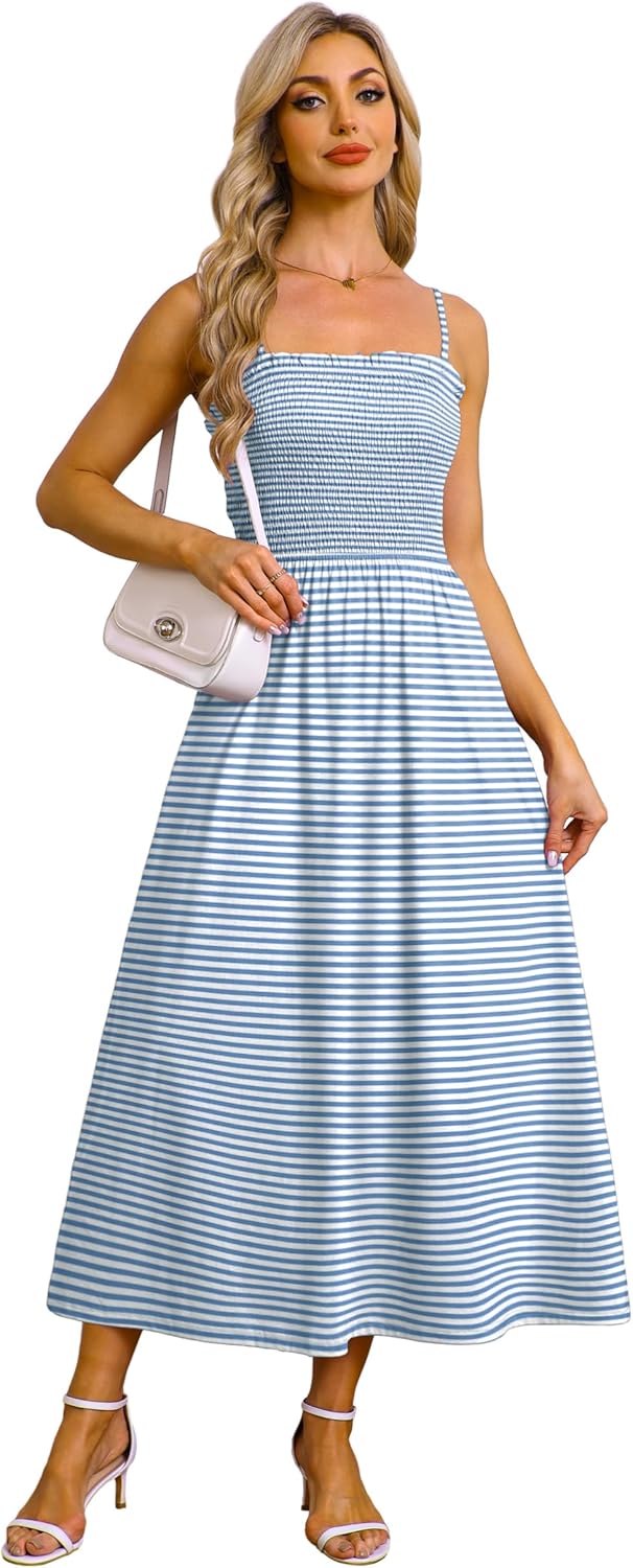 OFEEFAN Womens Spaghetti Strap Maxi Dresses Smocked with Pockets 2026 Summer Spring Casual Boho Beach Long Sundresses - Image 3