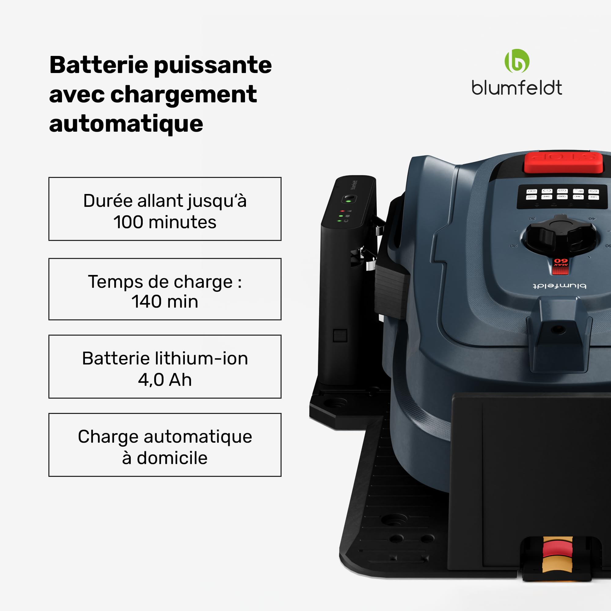 blumfeldt Robot Tondeuse 1000 m² - Contrôle par Appli, Batterie Li-ION, Charge Auto, Silencieuse, Capteurs Pluie & Collision, Hauteur Ajustable, Gris Foncé
