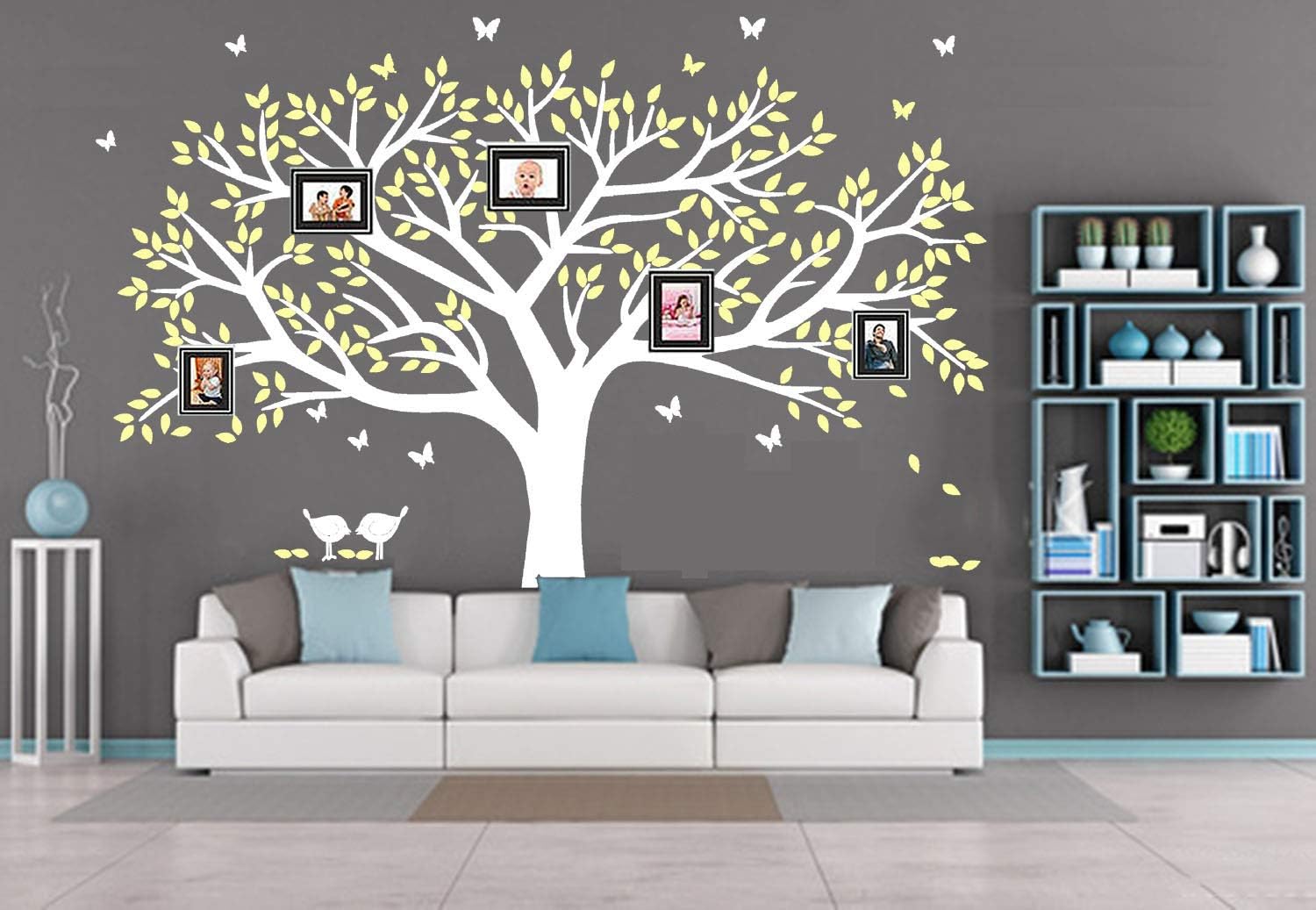 LSKOO Family Photo Frame Tree Wall Decals Family Tree Decal Living Room Home Decor (108" wide x 84" tall) (White+yellow)