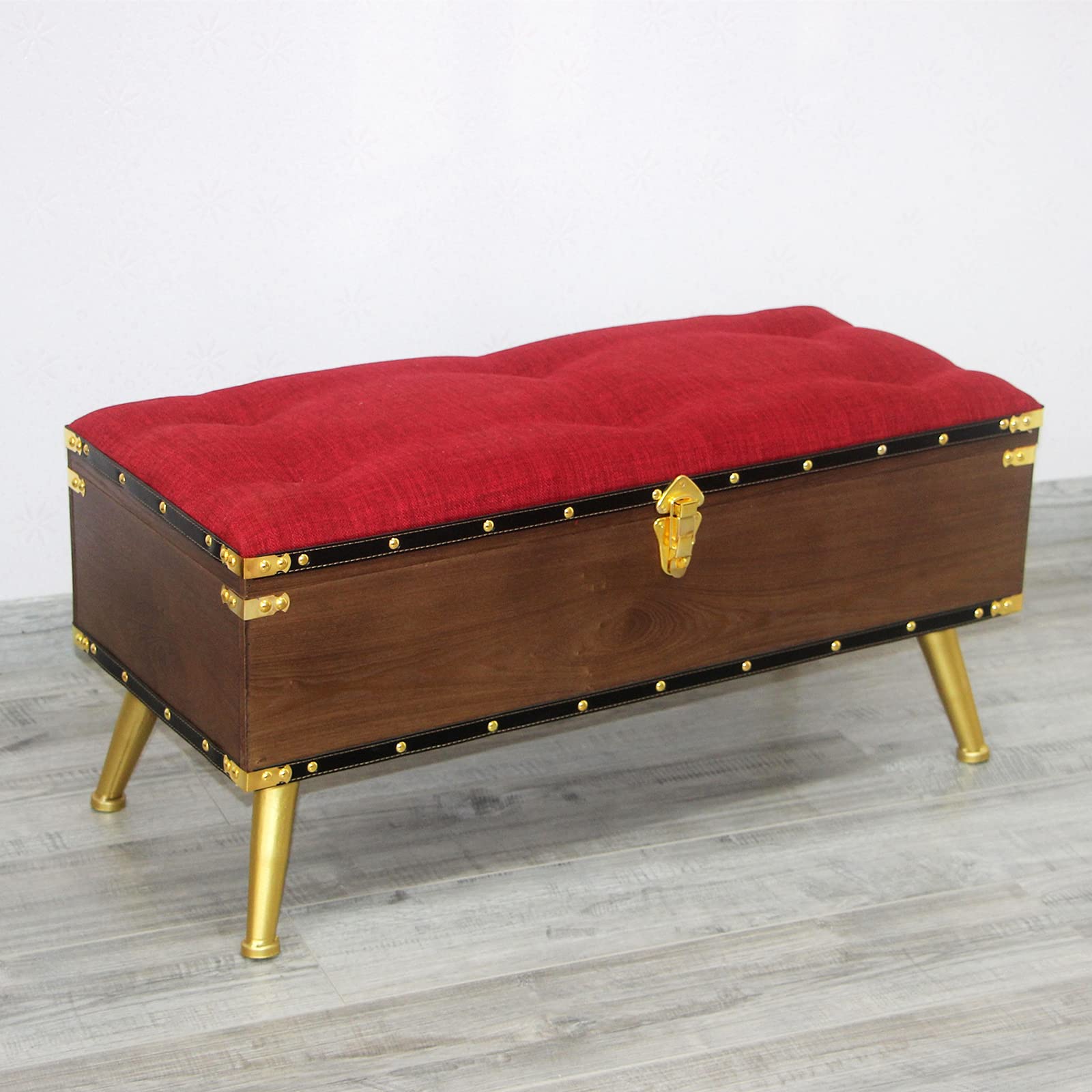 Banc de rangement coffre pouf repose-pieds rouge en lin pour meuble de salon