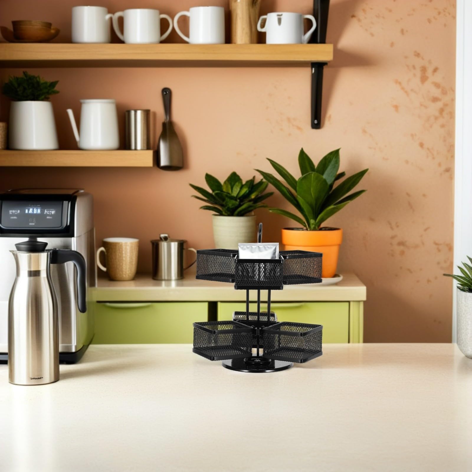 Organizador de Bolsitas de Té Carrusel Giratorio Metálico y 6 Compartimentos, Soporte Desmontable 72 Bolsitas, Diseño Compacto para Cocina y Oficina