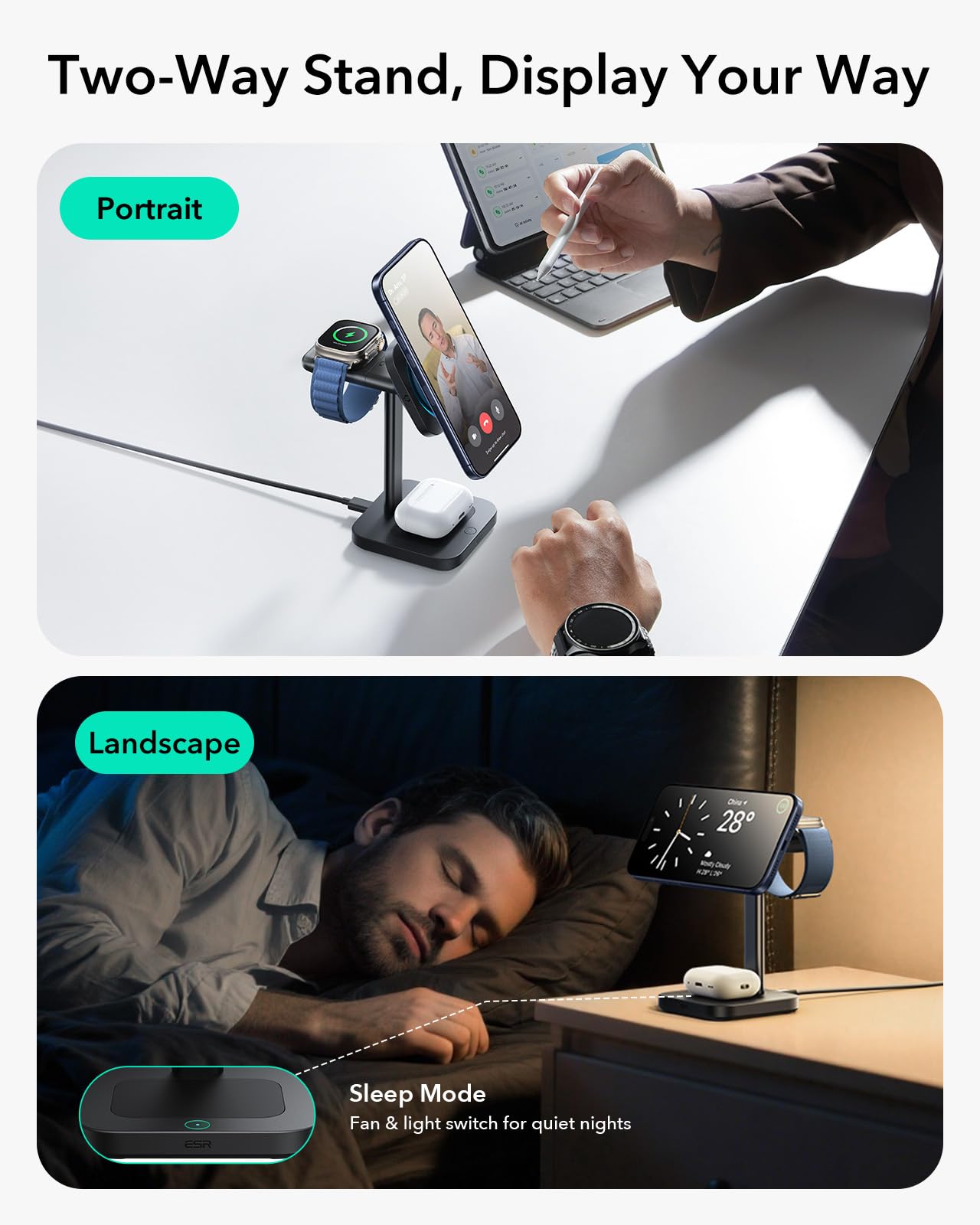ESR Stacja ładująca 3 w 1 Apple Watch i iPhone, Qi2.2, indukcyjna stacja ładująca 25 W z CryoBoost, Magsafe Wireless Charger do iPhone 17/16/15/14/13/12, Apple Watch, AirPods, adapter 65 W, czarna