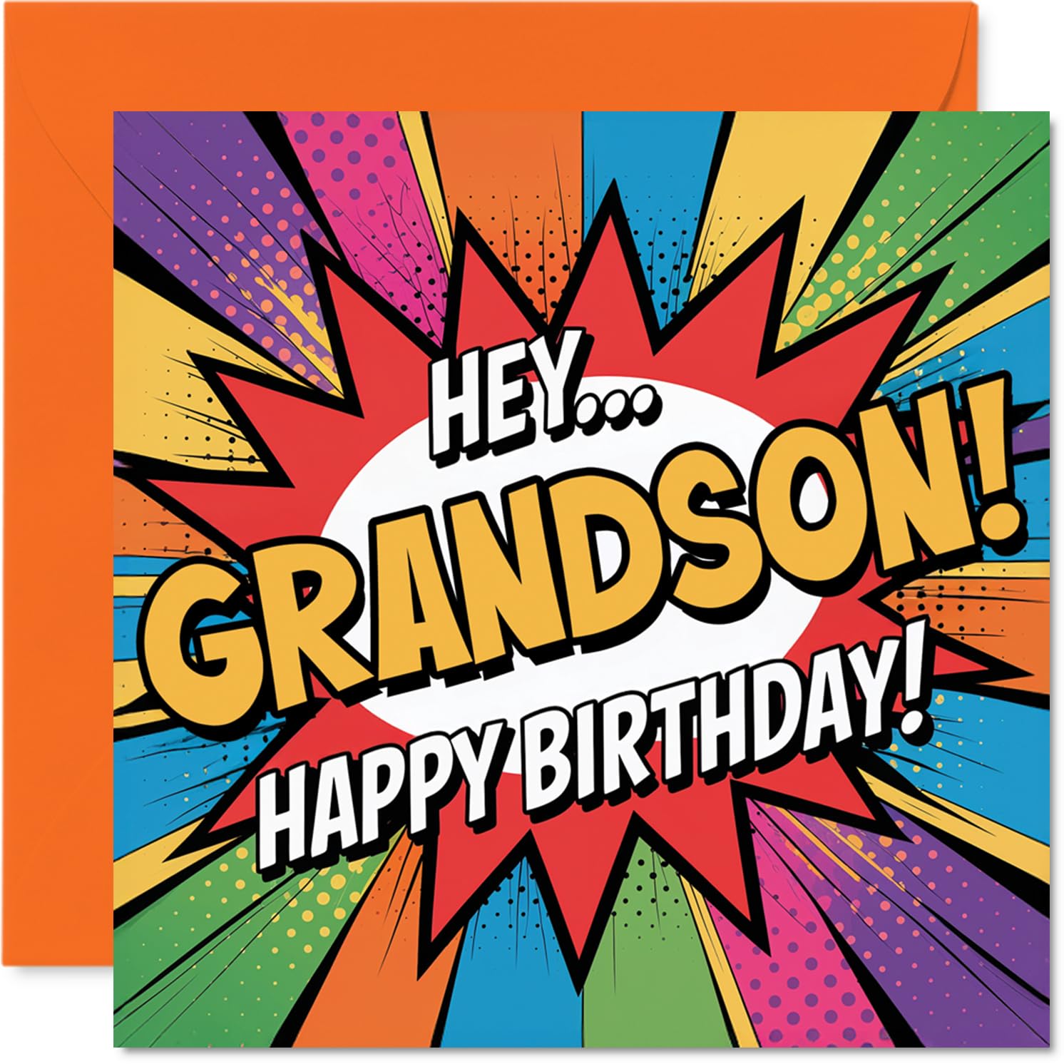 Playful Birthday Card for Grandson - Bursting with Birthday Energy - Vibrant Comic-style Card with Bold Orange Details - 145mm Square, Envelope Included