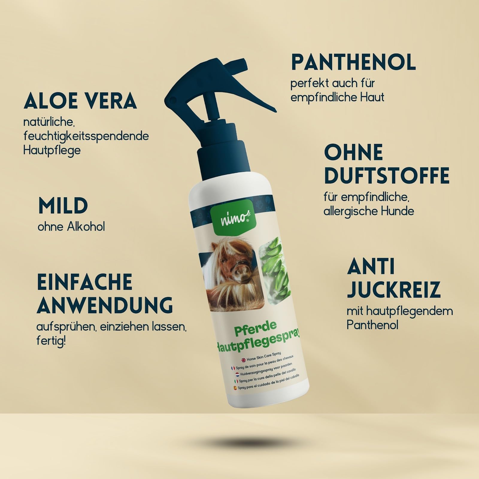nimo® Espray para el cuidado de la piel para caballos con aloe vera y pantenol, regeneración de la piel en sequedad e inflamación, contra picazón e irritación, para infestaciones de parásitos, ácaros