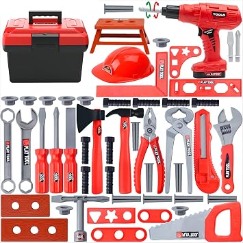 Kids Tool Set, 55 Pcs with Box and Electronic Toy Drill for Child Ages 3+ | ABS plastic, no sharp parts, 3 interchangeable drill bits, all-purpose childrens toolbox, safe and environmentally friendly