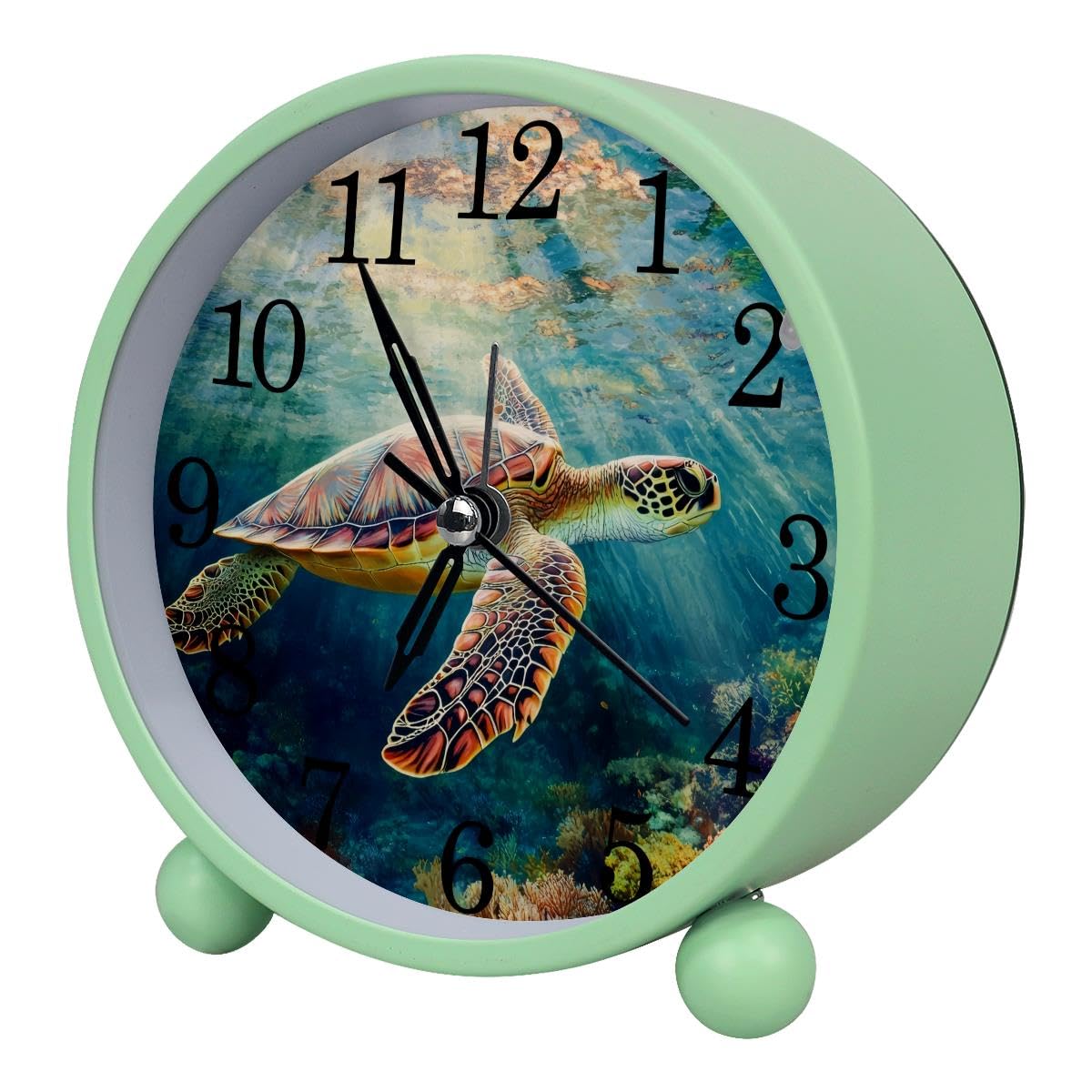 Luoweisi Alarm Clock Sea Turtle, Silent Non-Ticking with Night Light, Round Metal Alarm Clock for Office, Battery Operated, Bedroom, Elderly, Adults, Children, Student Gifts
