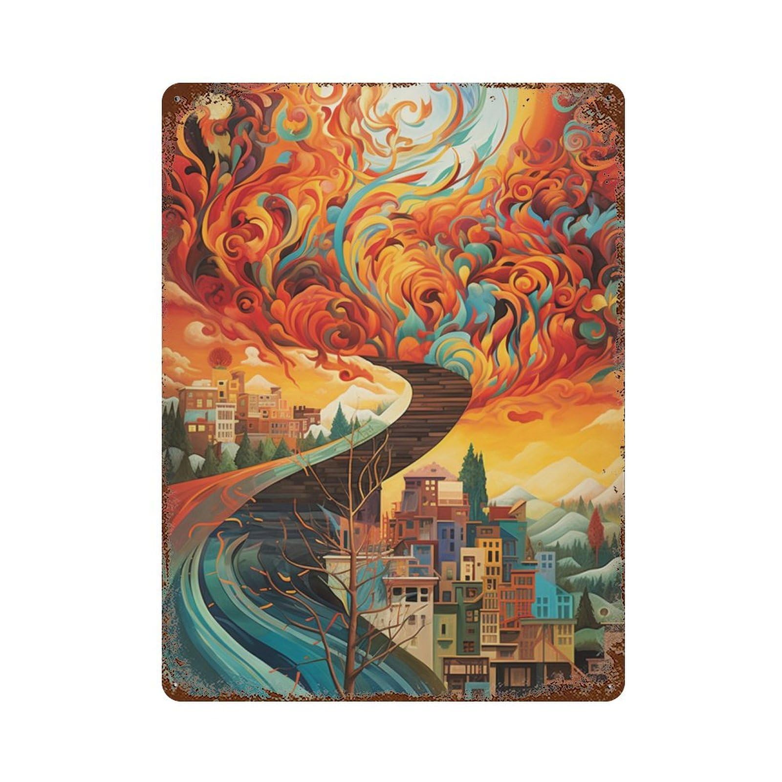 Cityscape with Fire And Water Rustic Tin Plaque 15.7"x11.8", Classic Wall Plaque for Garage, Pub Or Kitchen