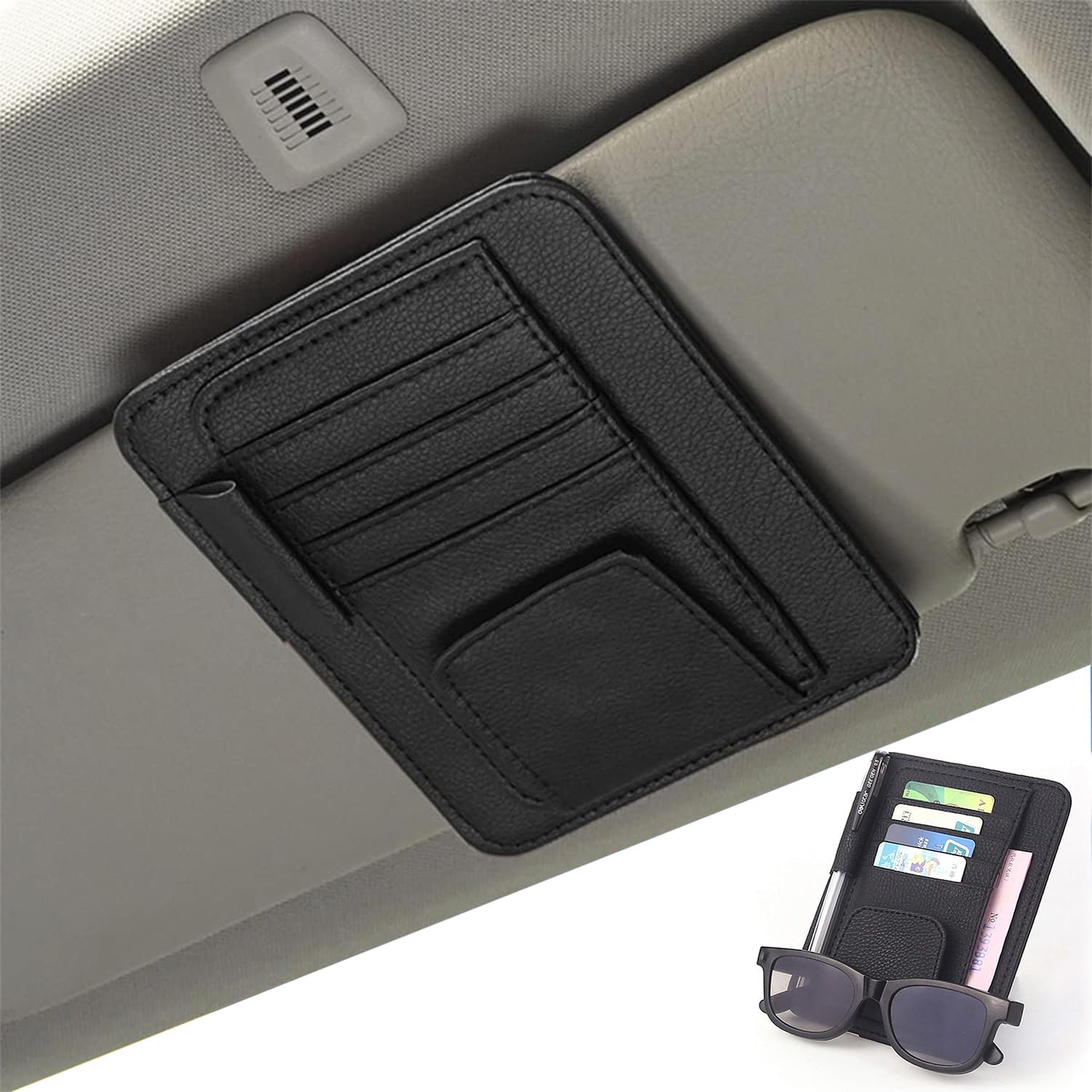 Car Sun Visor Organizer,Storage Bag and Glasses Holder with Zipper,PU