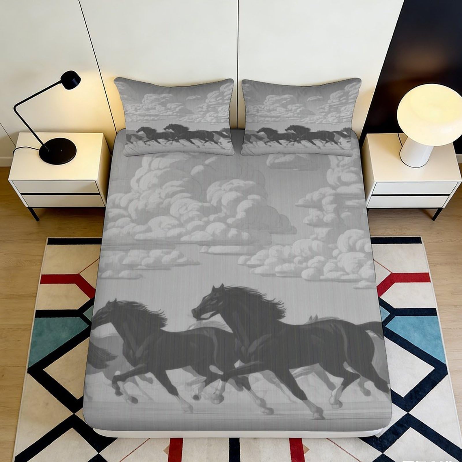 3D Printed Galloping Horse Pattern Fitted Sheet Microfiber Deep Pocket Non-Slip Bedding Set Horse Mattress Fitted Cover for Adults 140x200x25cm