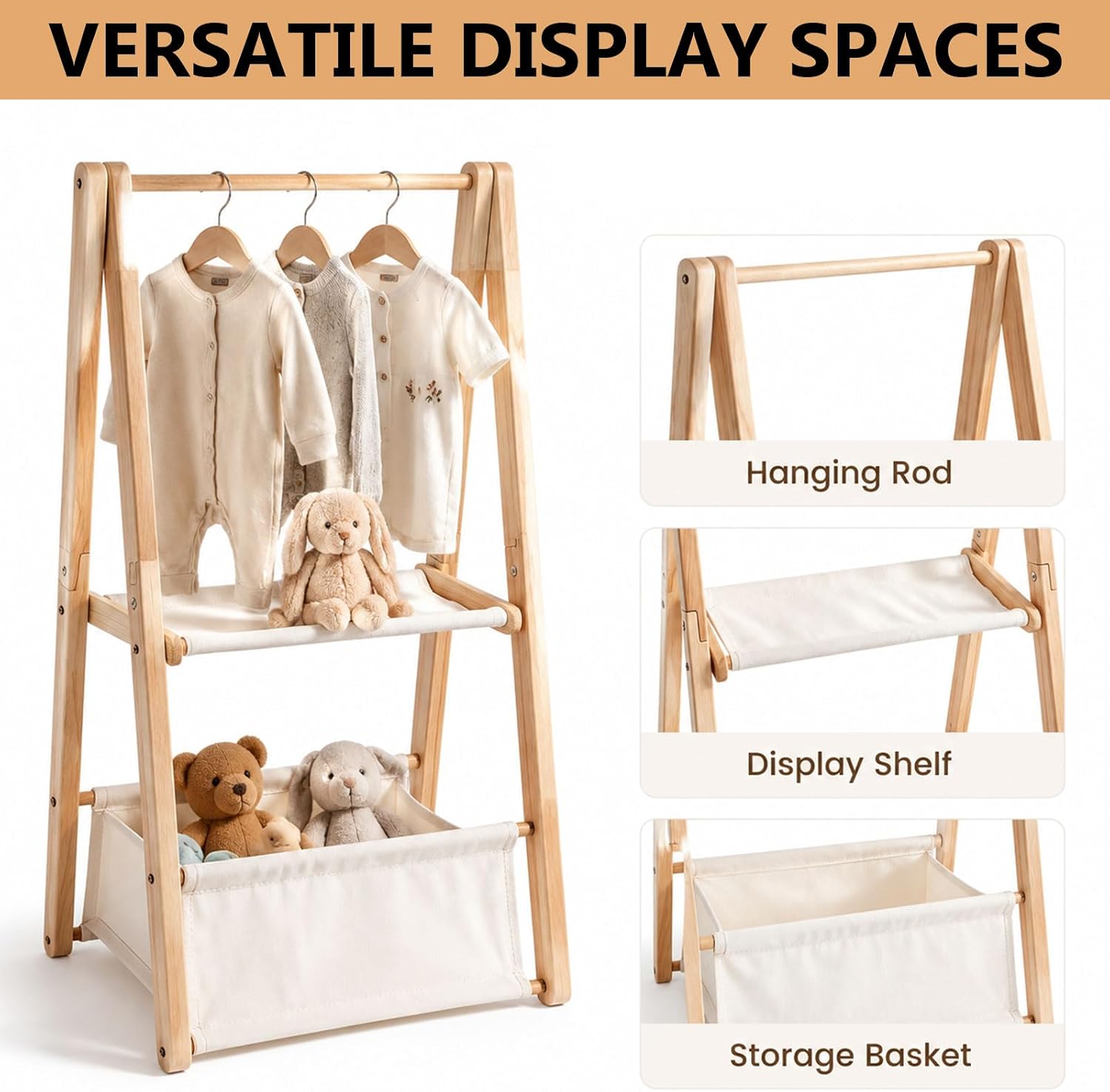 Wooden Baby Shower Crate Closet Double Layer Clothing Rack Baby Closet with Hanging Rod & Basket, Wooden Shower Crate Foldable Display Shelf for Nursery