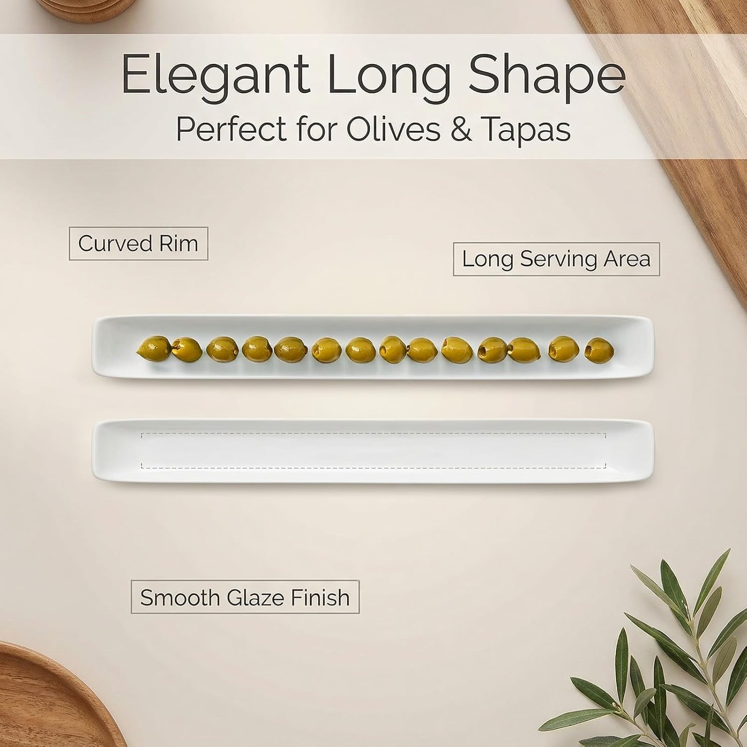 4-Pack Olive Plates-Versatile Ceramic Olive Tray for Snacks, Appetizers Platter-Long Shape Boat Tableware for Entertaining and Displaying Appetizers-Dishwasher & Microwave Safe, 14 Inch