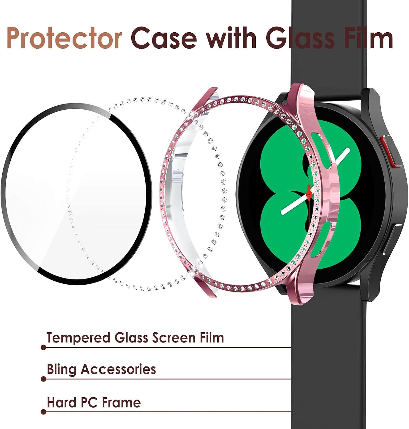 Simpeak 5Pack Screen Protector Compatible with Samsung Galaxy Watch 4 (44mm) Smartwatch Only, Bling Hard PC Case Built-in Glass Screen Protector, Women Men Gold/Pink/Black/Silver/Clear