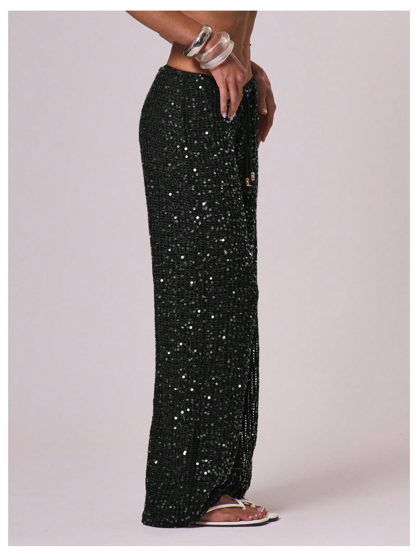 Pantaloni Copricostume all'Uncinetto con Paillettes da Donna Spiaggia Scavati Costumi Bagno Marrone X-Small