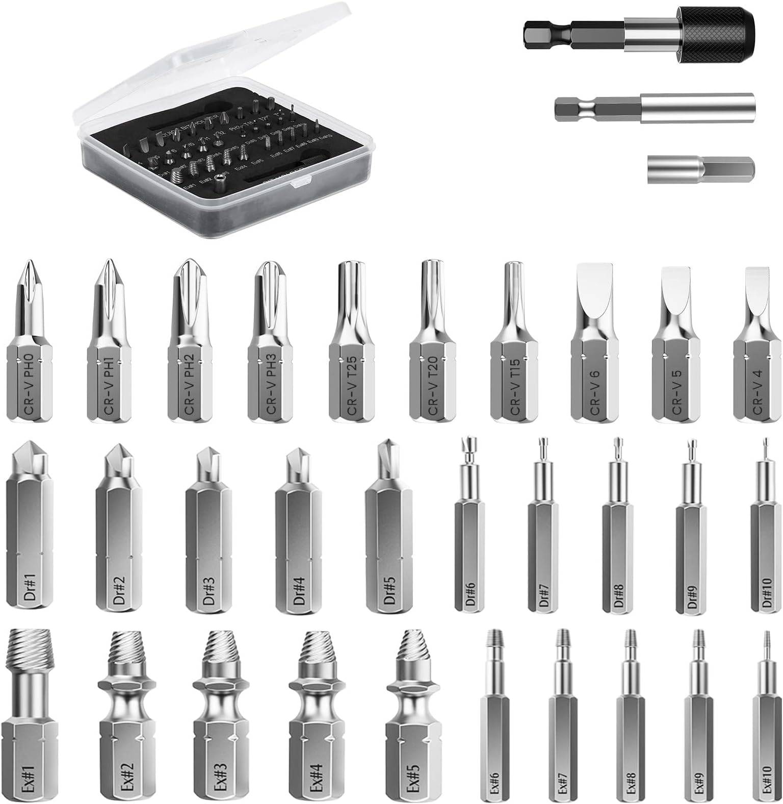 THE WHITE SHOP 22PCS Damaged Screw Extractor Set, Easy Out Stripped Screw Extractor Kit, All-purpose HSS Broken Screw Remover Set with Magnetic Extension Bit Holder & Socket Adapter(33PCS)