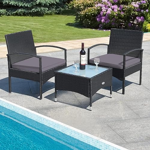 Miniatura 9 de HAPPYGRILL 3PCS Patio Furniture Set Rattan Wicker Bistro Set with Glass Coffee Table & Soft Cushions for Balcony Garden Poolside