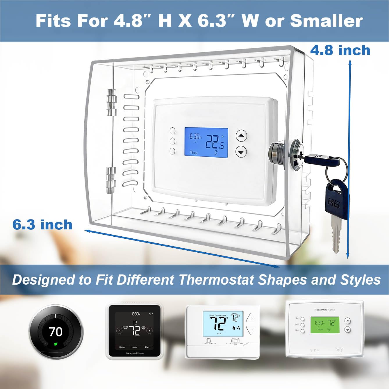 Thermostat Lock Box with Key, Clear Thermostat Cover with Lock for Thermostat on Wall, AC Lock Box Cover with Key Fits Thermostats 4.8"H x 6.3" W or Smaller - 3