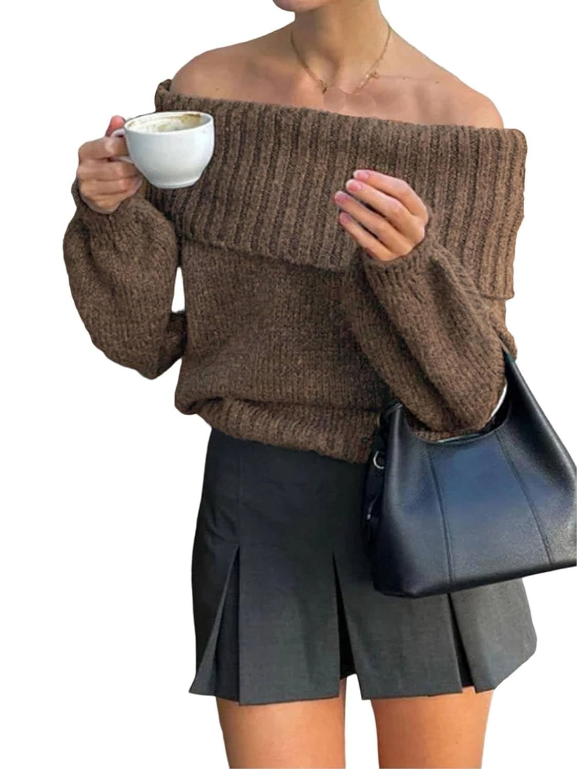 Floerns Womens Off Shoulder Sweater Long Bishop Sleeve Foldover Knitted Pullover Sweaters