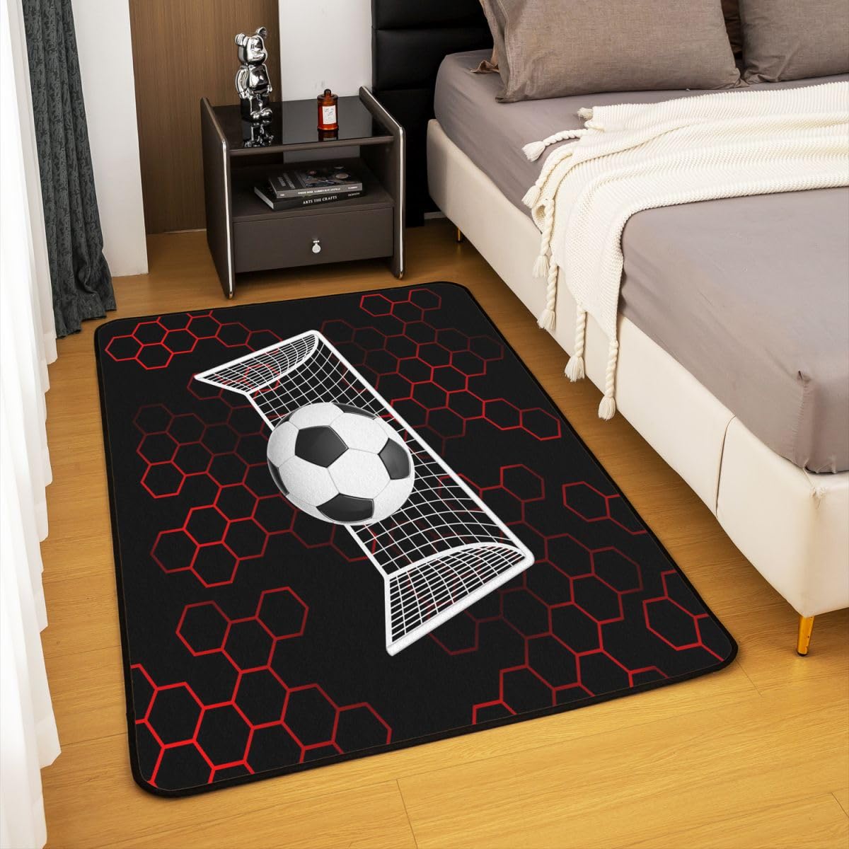 Dywan z siatką piłkarską, do salonu, 150 x 200 cm, piłka nożna 3D, sport, motyw sypialni, dywan dla chłopców i dziewczynek, geometryczny czerwony plac miodu, sześciokątna mata podłogowa