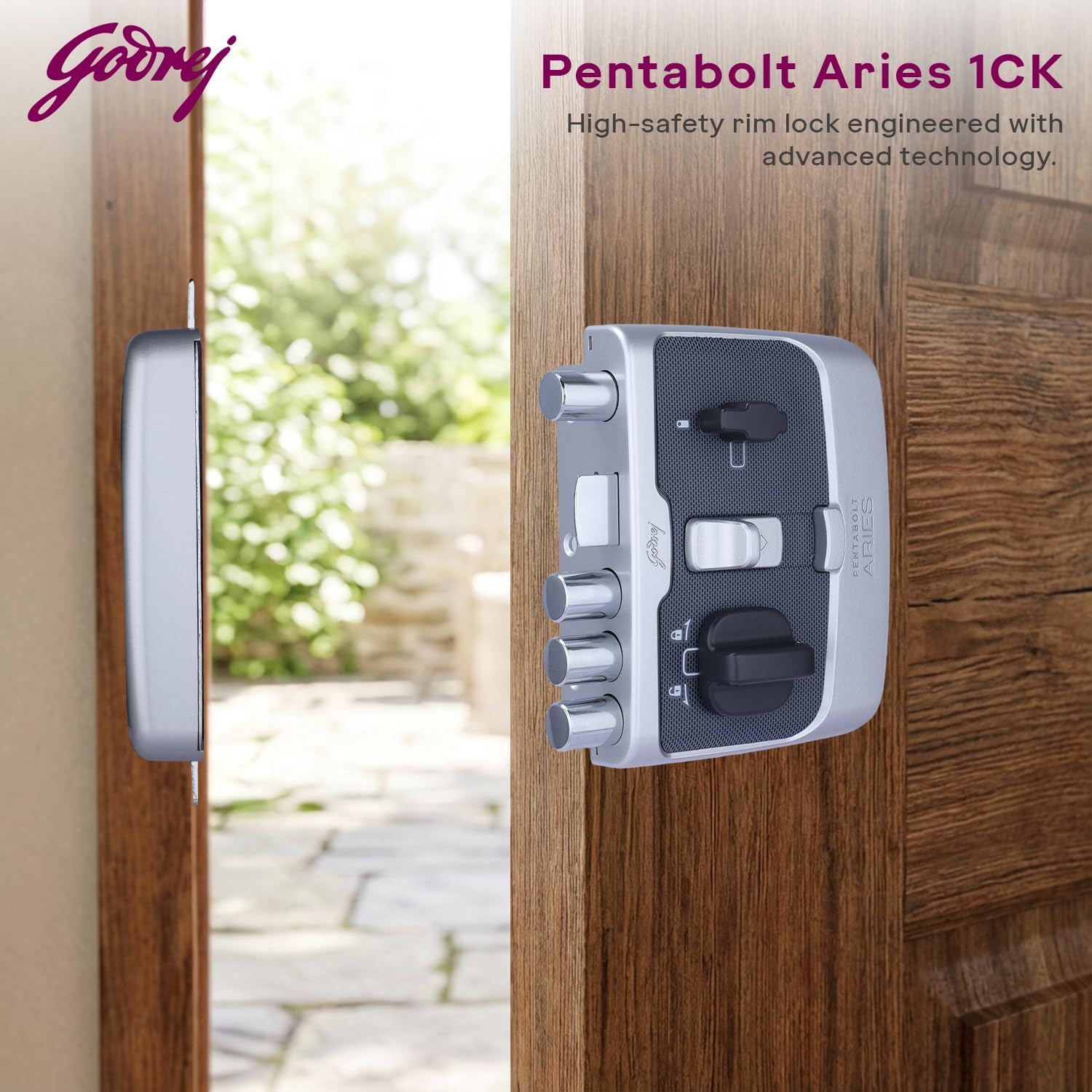 Godrej Rim Lock I Pentabolt Aries 3KS I 5 Bolts I 1CK Latchbolt I for Main Door I for Inside Opening Door l Left/Right Handed Doors I 4Keys I 15Year Warranty I Automatic Locking I Roman Silver Finish — Amazon image 2