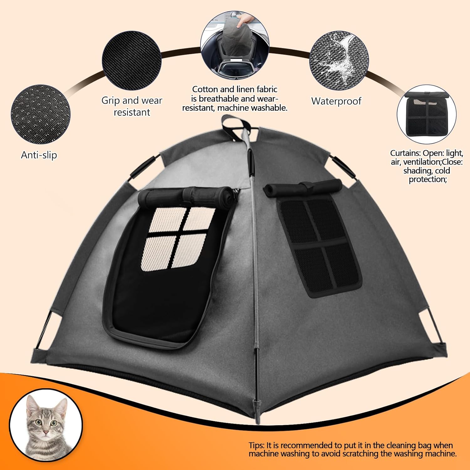 Portable Pet Tent with Full-Enclosure Zippered Mesh Door, Indoor & Outdoor Cat House for Safety & Ventilation, Cozy Nest for Cats, Puppies & Small Animals (Grey)