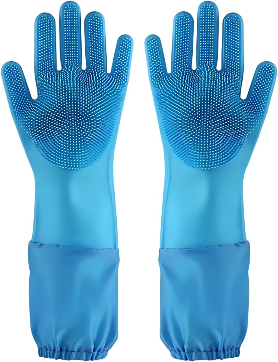 Pet Grooming Gloves Dog Washing Bathing Silicone Gloves with Soft Bristles and Sleeves Hair Remover Mitt Massage Combing for Dog Cat Rabbit 1 Pair