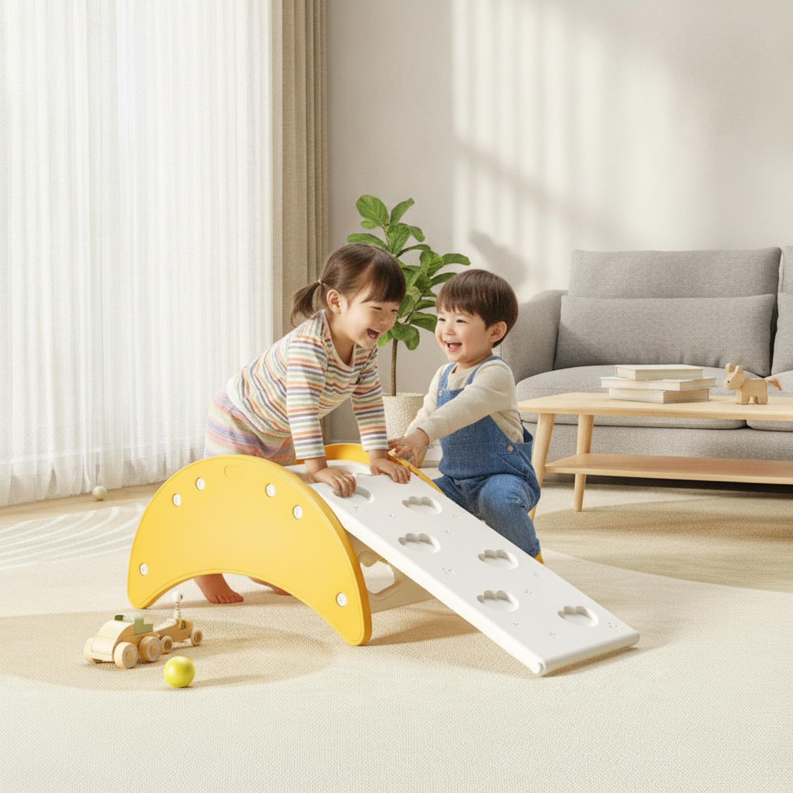 Arco Montessoriano Multifunzionale Dondolo in Legno Sicuro Giocattolo per Neonati, Giallo, style to 6