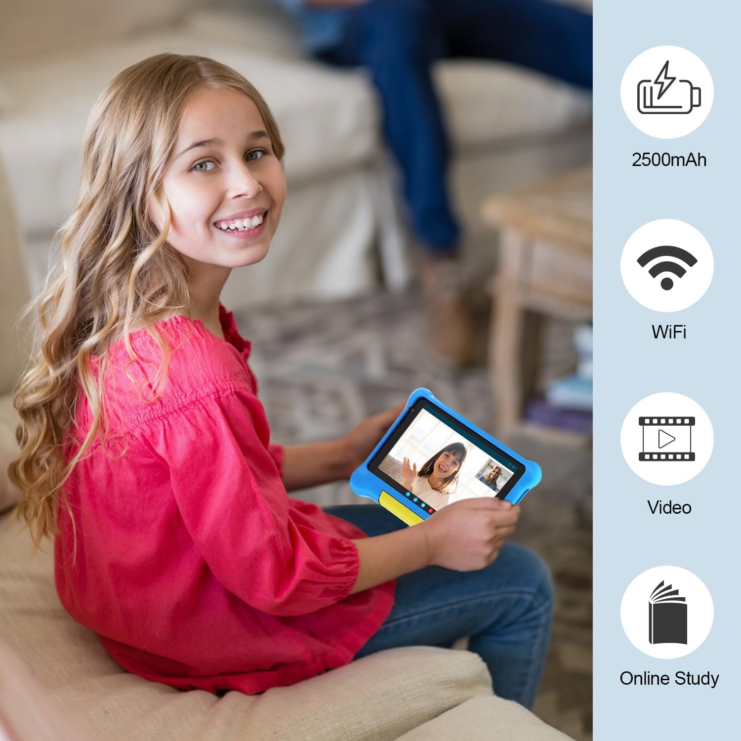 HotLight Tablet Bambini 7 Pollici Kids Tablet con Controllo Parentale, Android 13 Tablet, Quad-core Processore Doppia Fotocamera, Wifi Bluetooth, Tablet per Bambini con Custodia(Blue)