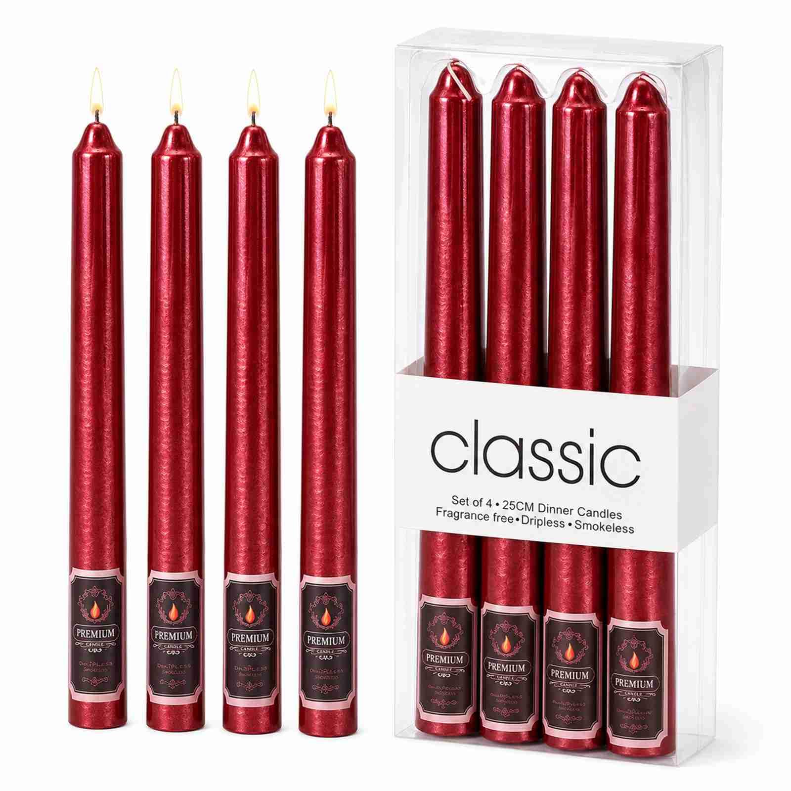 Burgundy Taper Candles, Metallic Finish, 25.5 cm, Set of 4