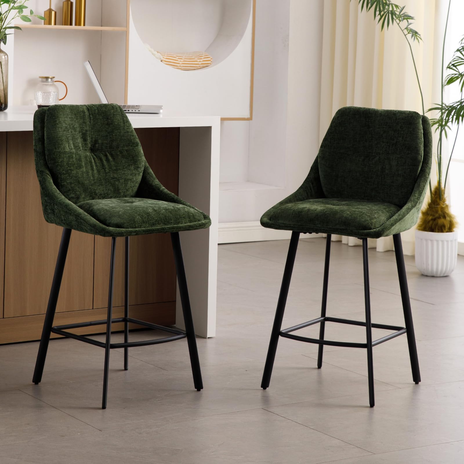 chairus Juego 2 de Taburetes Bar de Chenilla Sillas Altas Cocina con Respaldo Doble, Taburetes Desayuno Modernos Sillas de Mostrador con Patas Negras para Hogar/Bistró, Verde