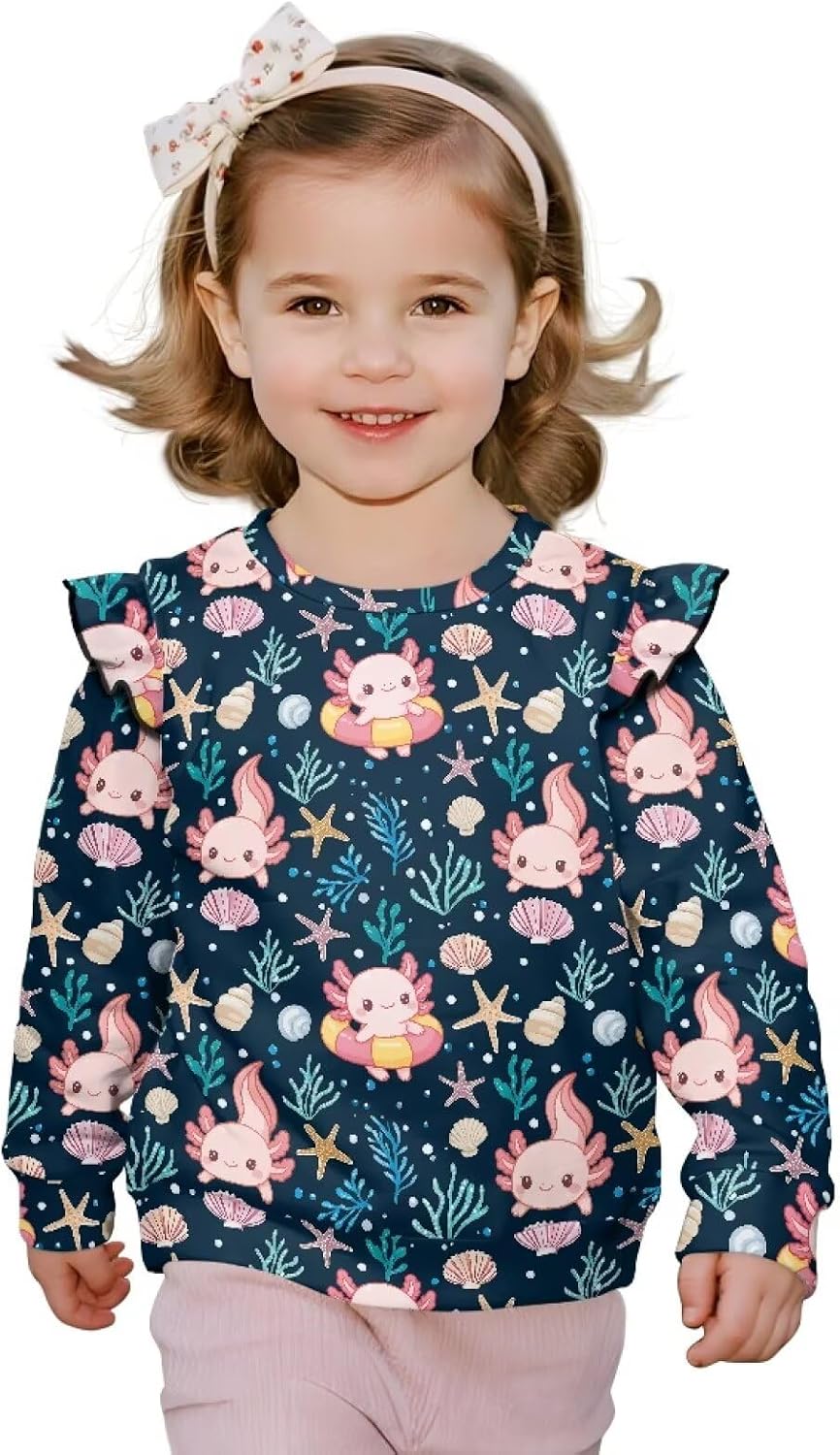 Xhuibop Toddler Crewneck Sweatshirt Fall Outfits Ruffle Long Sleeve Shirts for Girls Stylish Graphic Tees