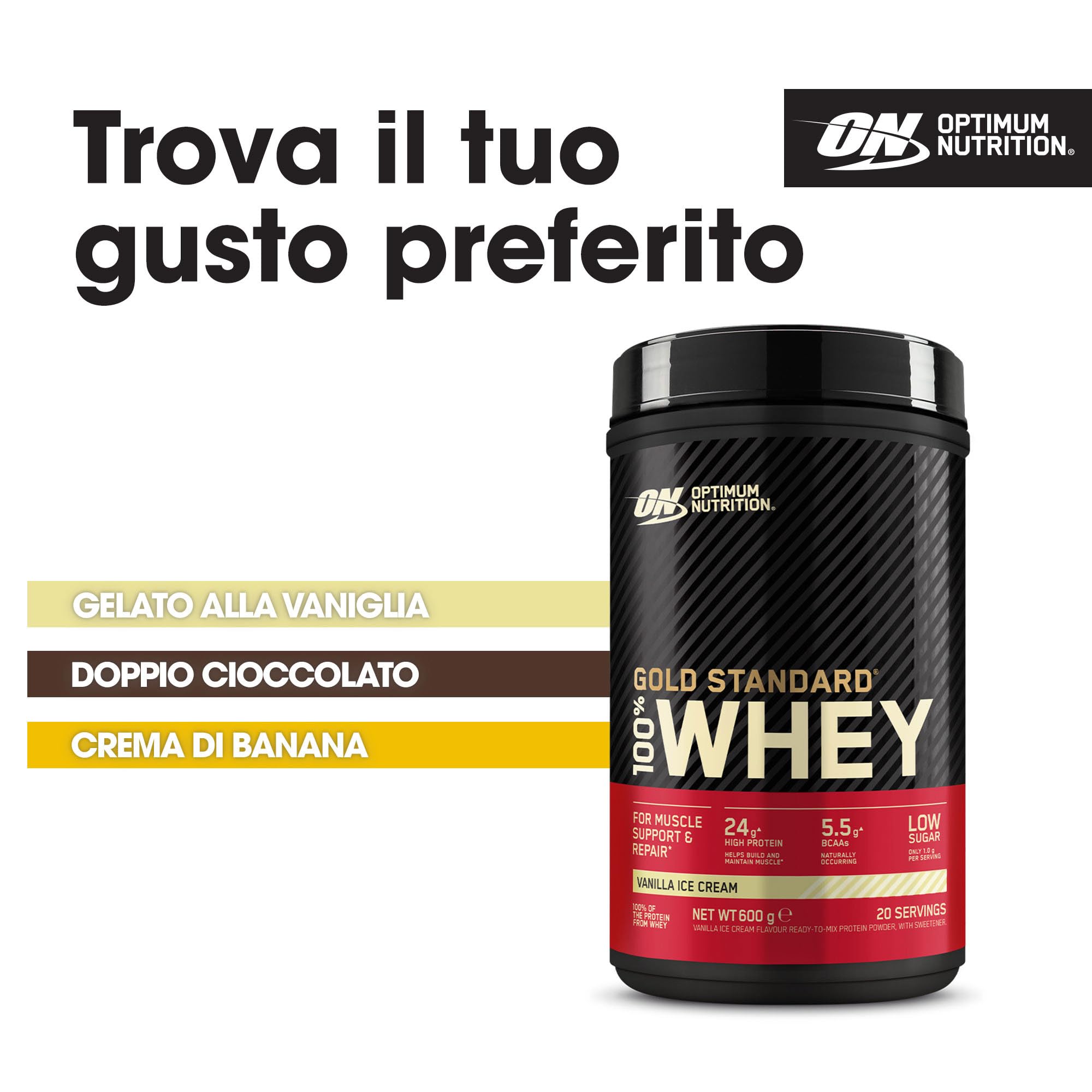 Optimum Nutrition Gold Standard 100% Whey, Proteine in Polvere, Gusto Gelato alla Vaniglia, 600g, 20 Porzioni